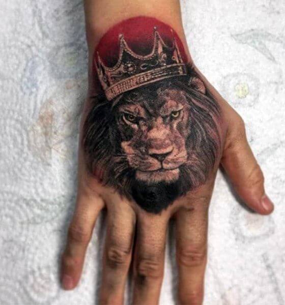 Lion with Crown Tattoo on Hand
