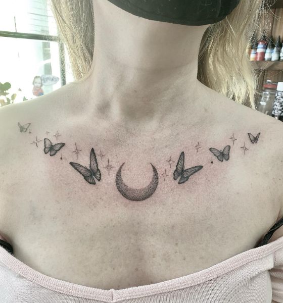 Moon with Butterfly Collarbone Tattoo