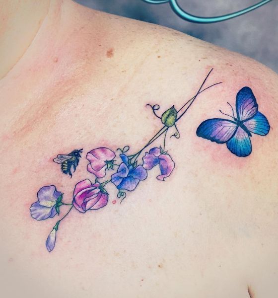 Pretty Floral with Butterfly Collarbone Tattoo