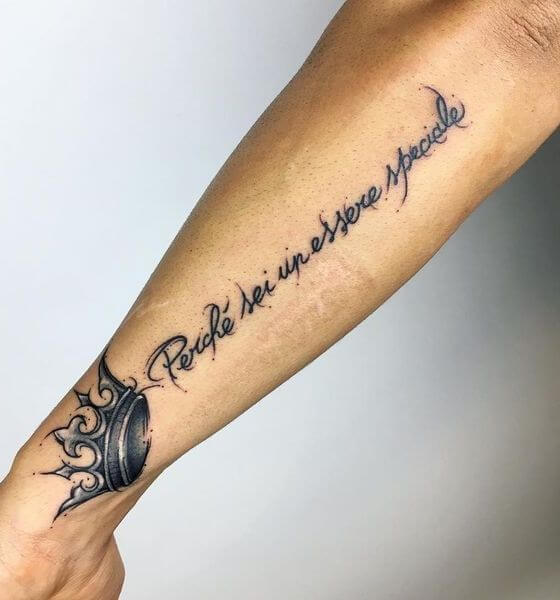Quote accompanied with Crown Tattoo