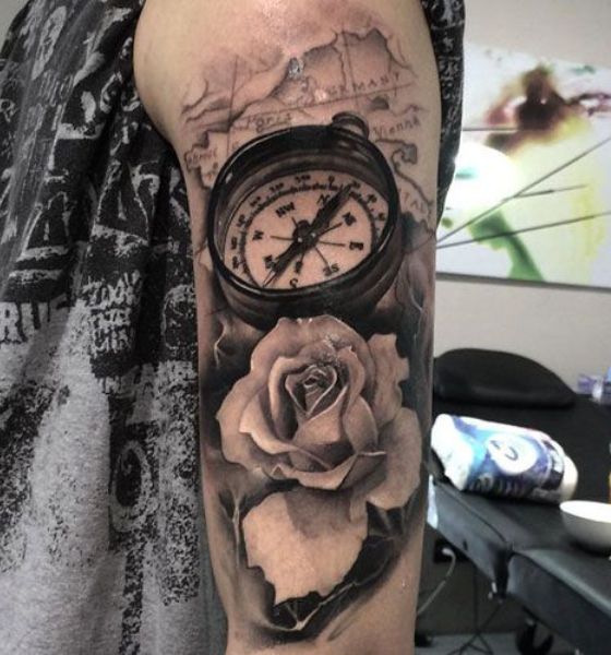 Rose Compass Tattoo Design