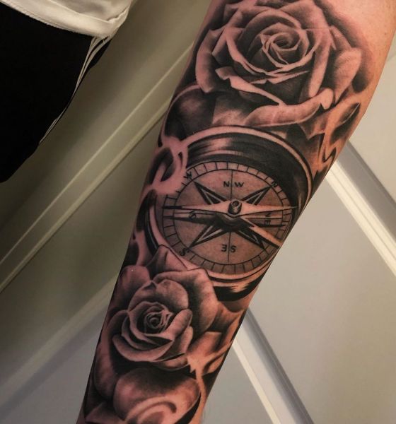 Rose with Compass Tattoo Designs