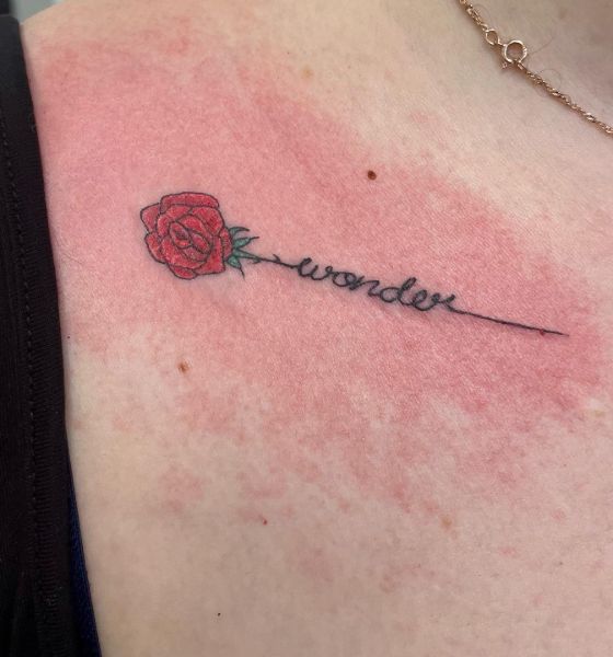 Rose with Name Collarbone Tattoo