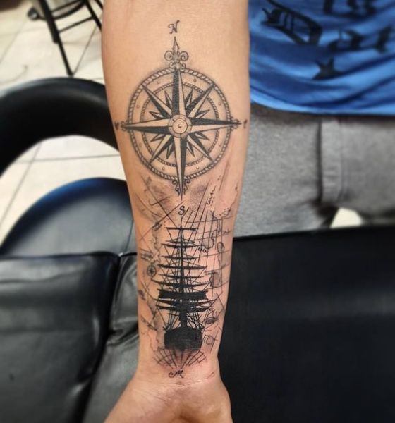 Ship and Compass Tattoo Design on Arm
