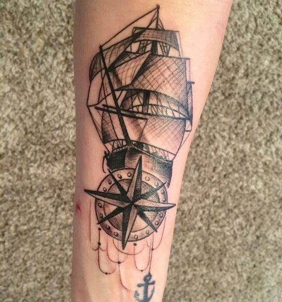 Ship and Compass Tattoo Design