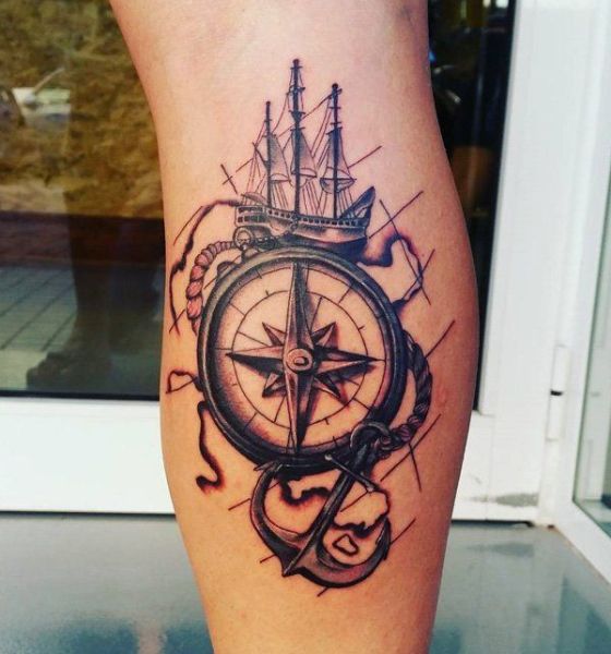 Ship and Compass tattoo on Calf