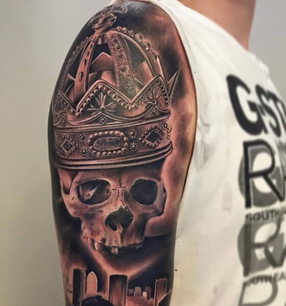 Skull wearing Crown Tattoo on Shoulder