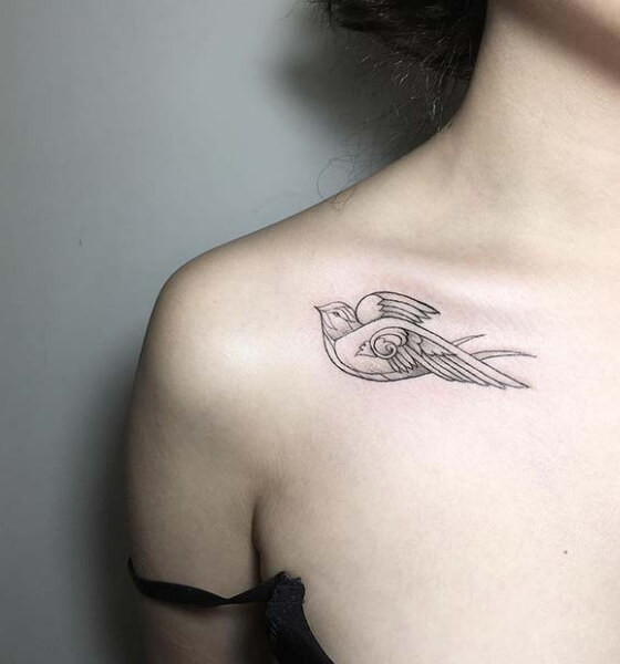 Sparrow Tattoo on Collarbone