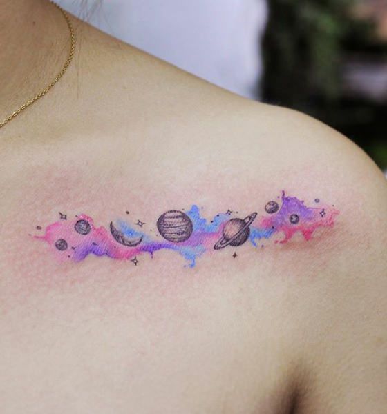 Unique Water Color Tattoo on Collarbone