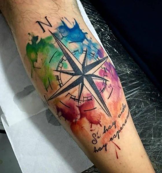 Watercolor Compass Tattoo Design on Forearm