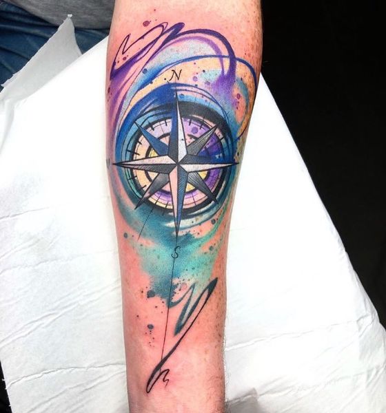 Watercolor Compass Tattoo Design