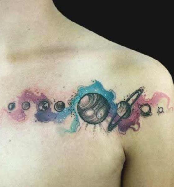 Watercolor Galaxy Tattoo on Collarbone