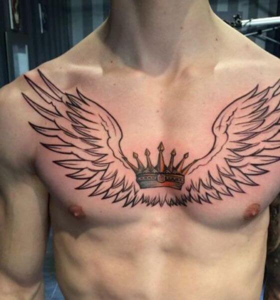 Wings and Crown Tattoo Design on Chest