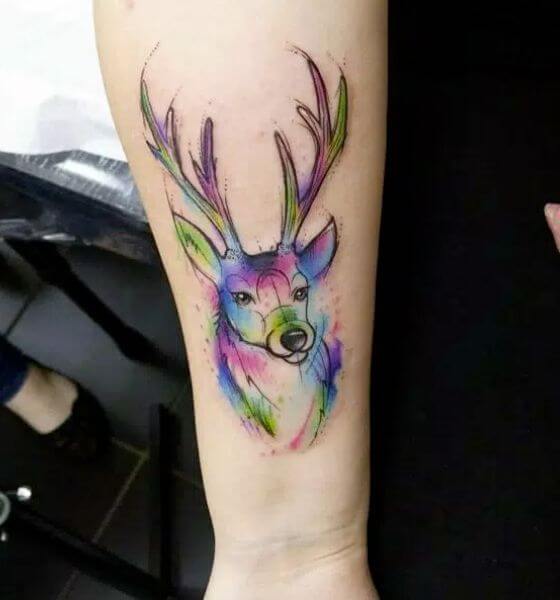 Colorful Deer Forearm Tattoo