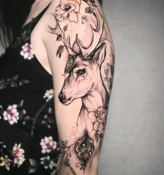 Deer and Flower Tattoo on Sleeve