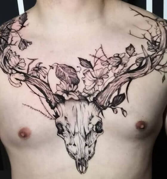 Stag Skull and Flower Tattoo