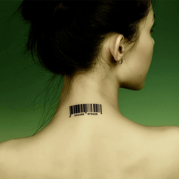 Tattoo Design of a Code 3_9 Barcode on the Neck