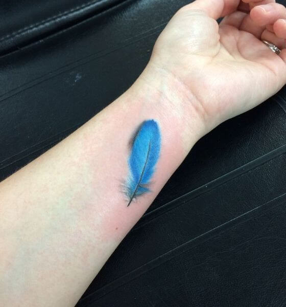 Temporary Bluebird Feather Tattoo on Wrist