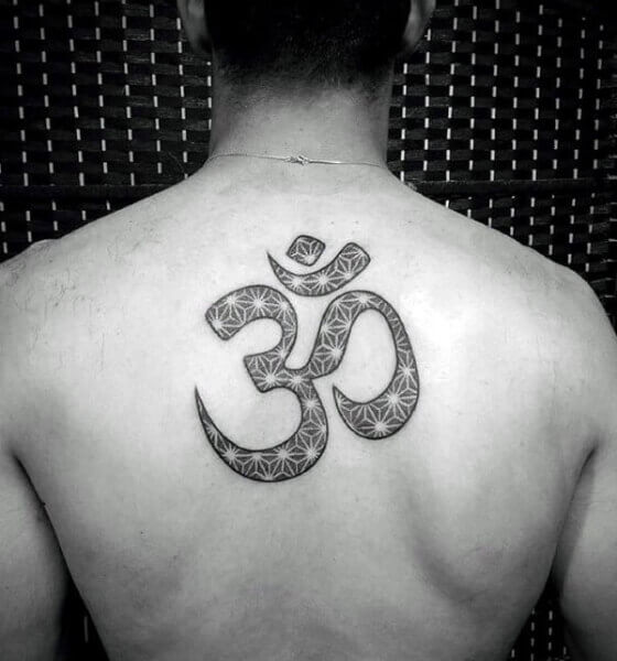 Black and Grey Om Symbol Tattoo on Back