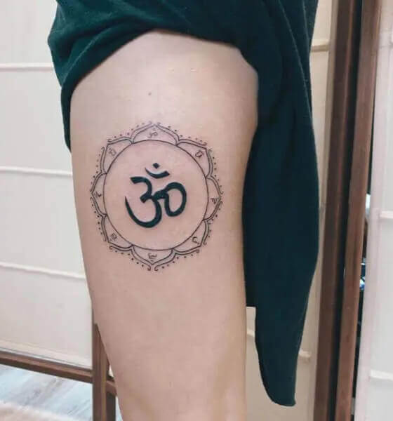 Black and Grey Om Symbol Tattoo on Thigh