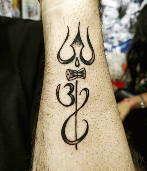 Grey Ink Trishul With Om Tattoo Design By Yogesh