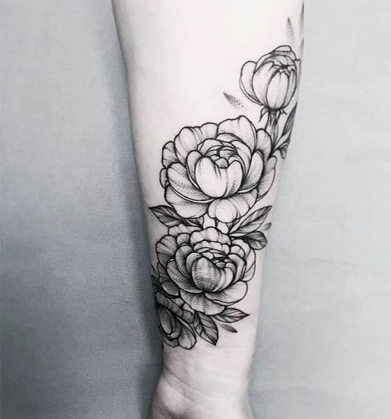 Black and Gray Peony Tattoo on Arm