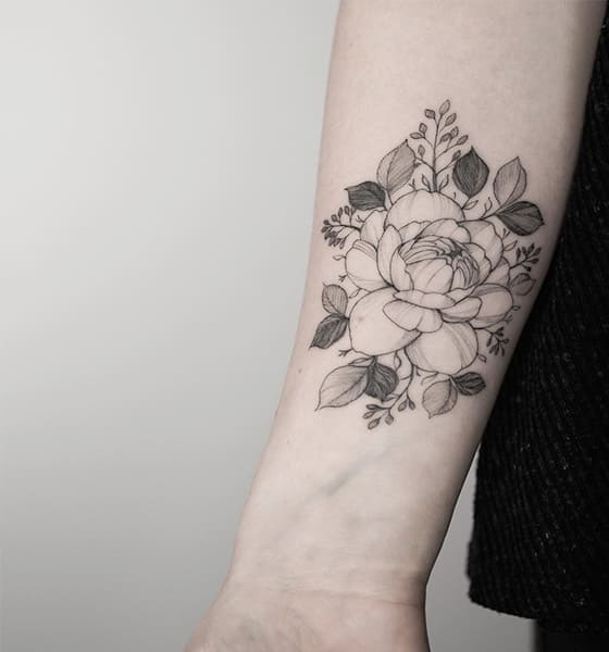 Fine Line Peony Tattoo