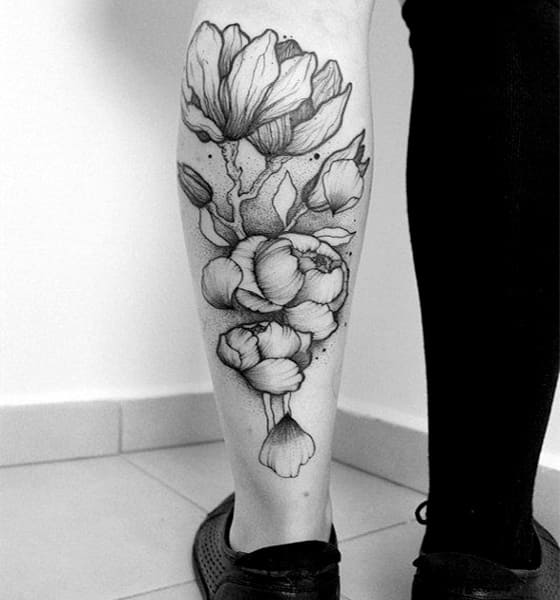 Peony Tattoo on Calves