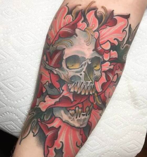 Peony Tattoo with Skull