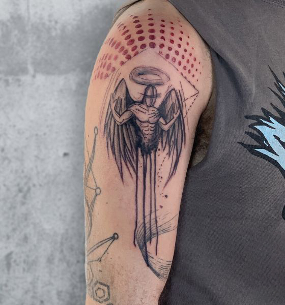 Trash Polka Angel Tattoo on Sleeve