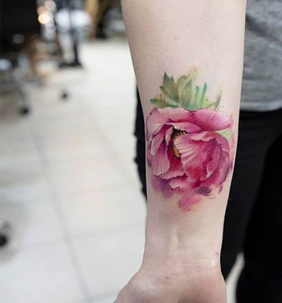 Watercolor Peony Tattoo on Inner Arm