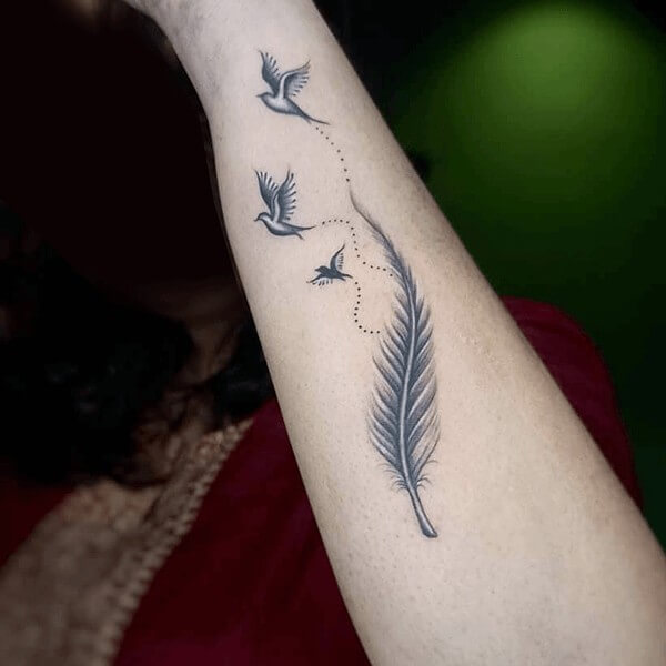 Feather with Birds Freedom Tattoo on Forearm