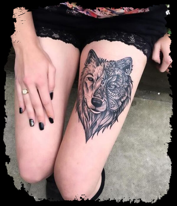 Wolf Tattoo on girl leg