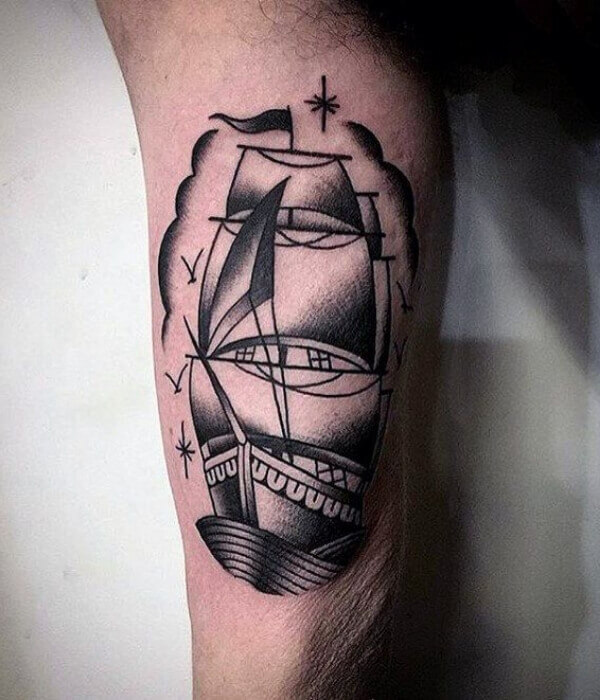 Black Ink Ship Tattoo on Hand