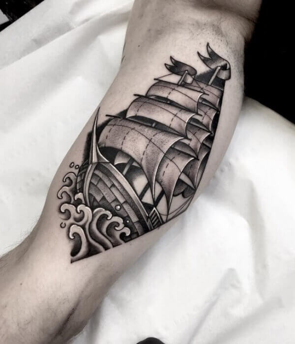 Black Ink Ship Tattoo on Hand