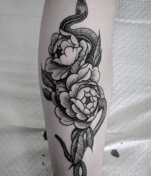 Black Snake and Peony Forearm- Wrist Tattoo