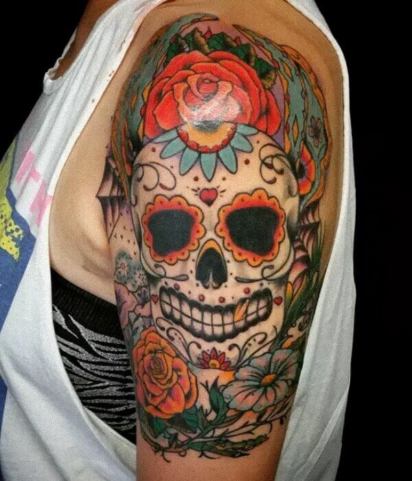 Mexican Sugar Skull Shoulder Tattoo