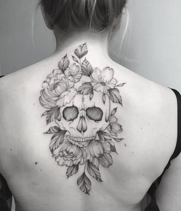 Skull with Flower tattoo on Woman Back