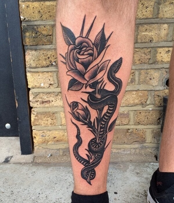 Tap of Forearm Rose and Snake Tattoo