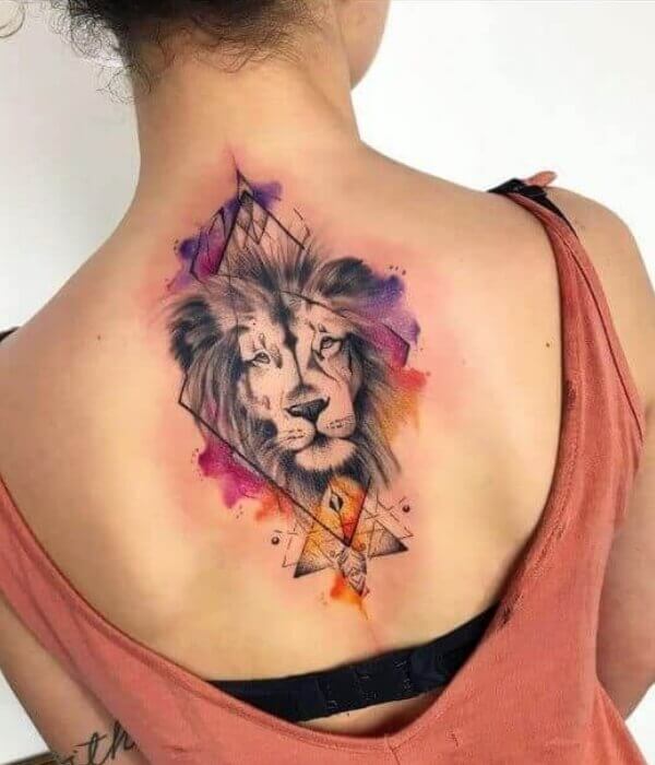 Watercolor Lion Tattoo on Woman Back