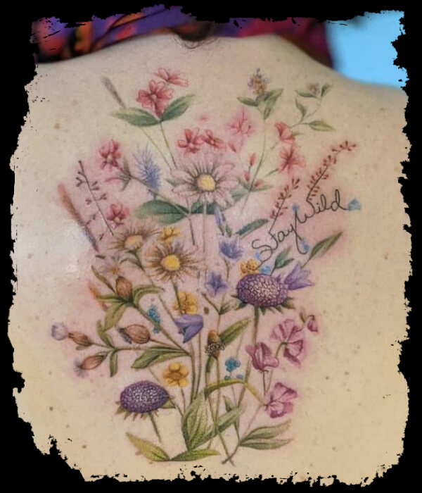 Wildflower Bouquet Tattoo on Back - Trending Tattoo Wildflower-Bouquet-Tattoo-on-Back