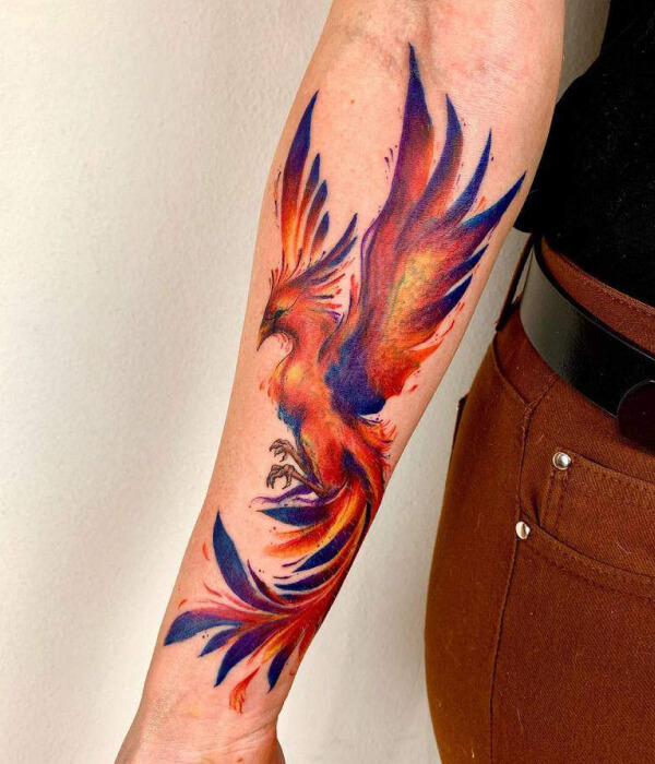 PColorful hoenix Lower Arm Tattoo