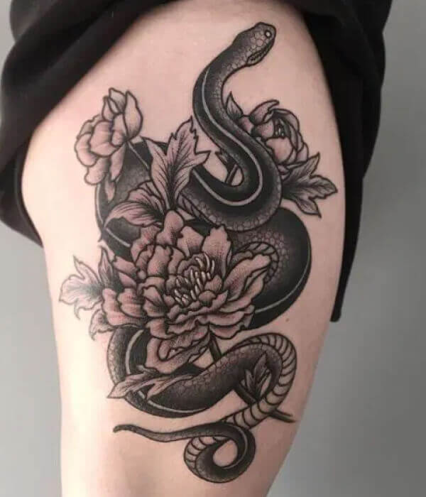 Grey And Black Hip Tattoo for women