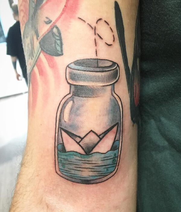 Paper Boat Tattoo in Bottle