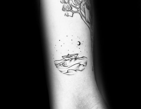 Paper Boat Tattoo with Moon and Sky