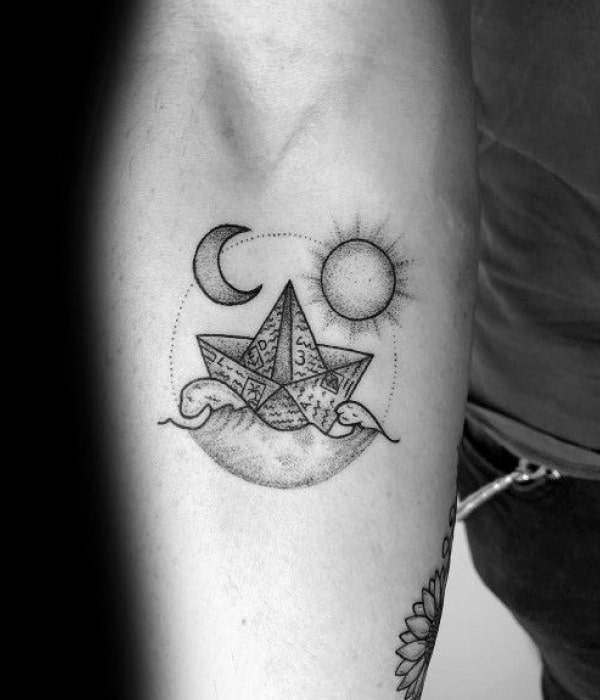 Paper Boat Tattoo with Sun and Moon