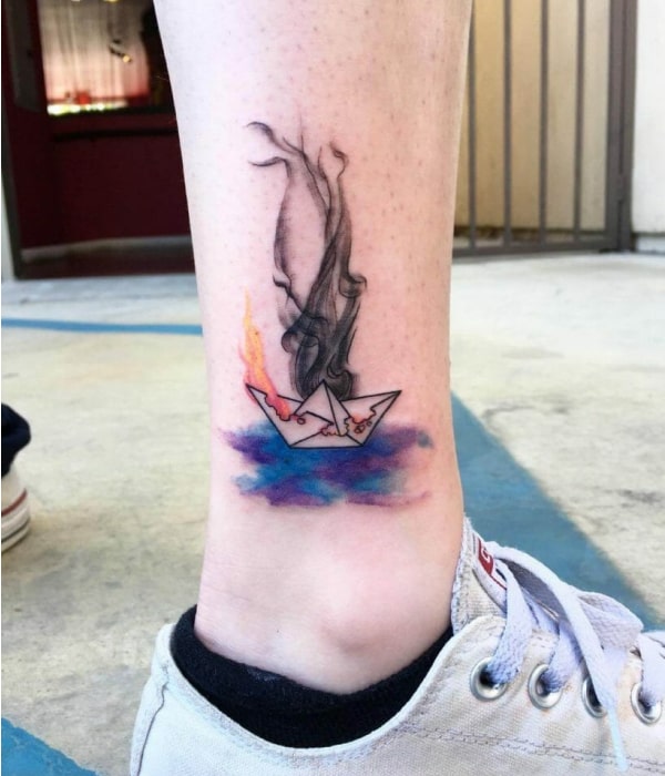 Paper Boat Tattoo with Vibrant Color