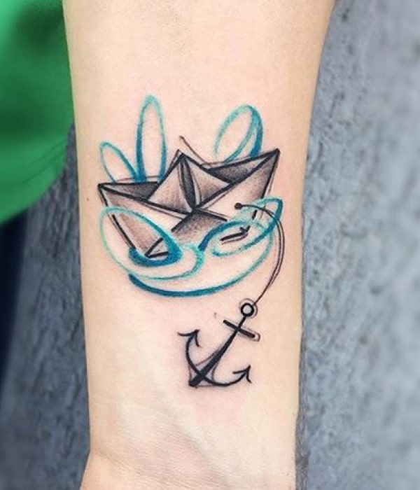 Paper Boat with Anchor Tattoo
