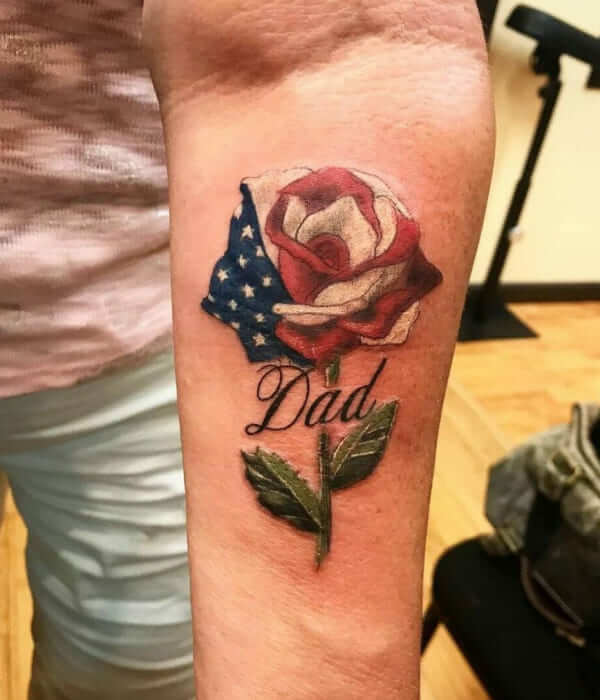 American Flag with Rose Tattoo
