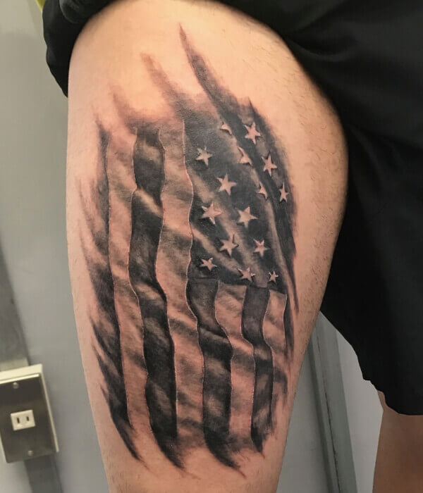 Black  White Ink American Flag With Eagle Tattoo On Arm